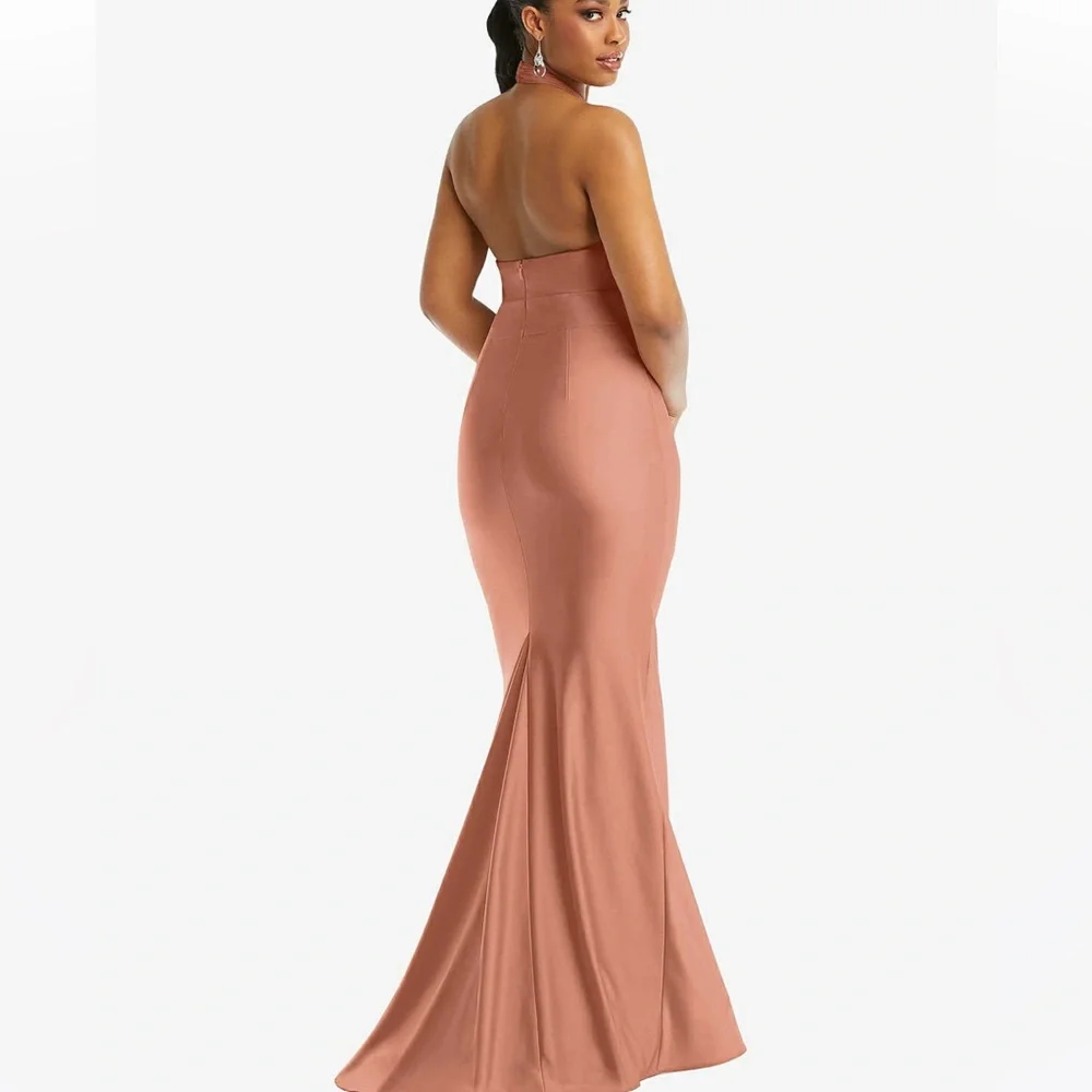 Cynthia & Sahar XIMENA Toasted Sugar CrissCross Halter Satin Mermaid Dress CS112 - Picture 3 of 9